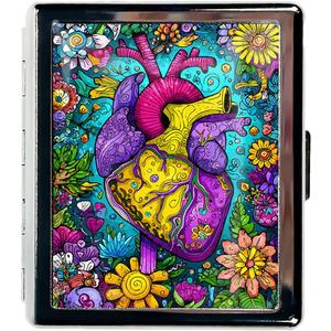 Metal Pill Organizer Box with Mirror  8 Compartment Chrome Pill Case, Pocket-Size Travel Pill Container for Vitamins, Seniors, Daily Use (Floral Anatomy of The Heart)