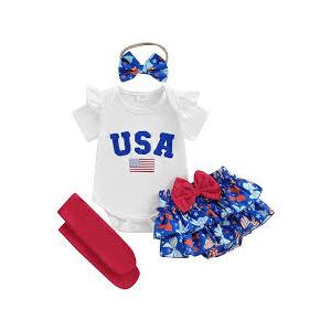 My 1st 4th July, Baby Outfit, White, 0-3 Months, Baby Girl Outfit Bunny Ruffle Short Sleeve Shirt Onesie Suspender Skirt Newborn Clothes+Headband