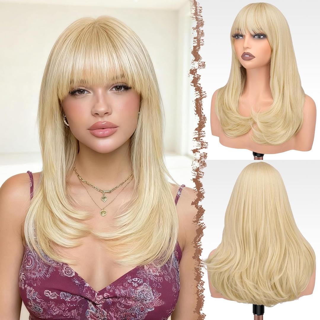 FESHFEN Long Wigs with Bangs, Synthetic Natural Looking Layered Straight Hair Wig for Women Daily Party Use 18 inch, Platinum Blonde
