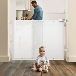 Babelio 26-43" No Bottom Bar Baby Gate for Babies, Elders and Pets, Mesh Gate with Large Walk Thru Door, One-Handed Open, Auto-Closing, Hardware Mount Safety Gate for Stairs and Doorways, White