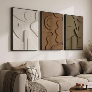 Large Framed 3D Textured Abstract Wall Art for Living Room, 3 Piece Modern Geometric Pictures Wall Decor, Neutral Minimalist White Brown Paintings for Bedroom Dining Room Hallway Office, 24x36 In