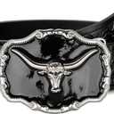 Western Leather Belt for Men Black Cowboy Buckle Belt for Jeans Vintage Country Belt (33-36)