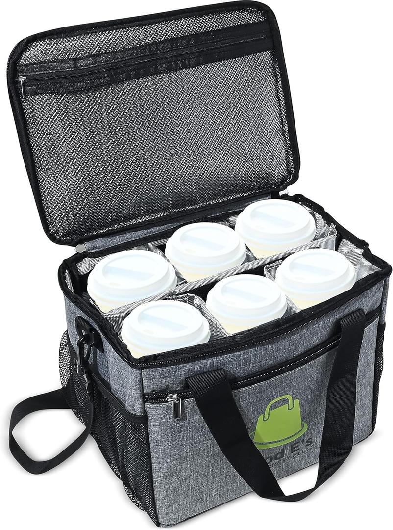 Good Es Reusable 6 Cups Insulated Beverage Bag, Portable Cooler Tote with 5 Divider, Shoulder Strap & Side Pockets, Drink Caddy Cup Holder Carrier for Delivery, Insulated Picnic Bag (Gray)