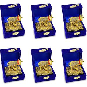 NOBILITY Pooja Items Diwali Gift Golden Small Kamdhenu Cow and Calf with Blue Box Metal Statue Decorative Item Showpiece for Home Office Decoration Wedding Return Gifts (Pack of 6)
