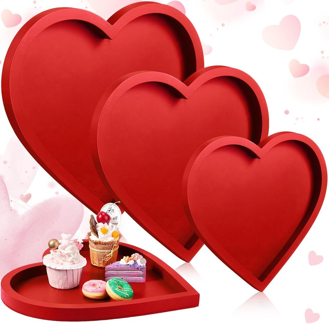 Hushee 3 Pcs Valentine's Day Wooden Serving Tray Red Heart Shaped Plates Heart Wood Serving Dish Trays and Platters for Valentines Day Table Decorations Home Office Food Display, 3 Sizes