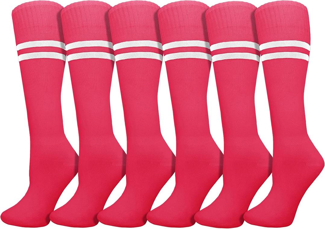 Winterlace Kids Soccer Socks 6-Pairs Boys Girls Knee High Youth Striped Athletic Sports Softball Baseball Pack (Pink)