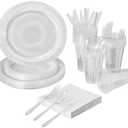 FULING 175 PCS Clear Party Supplies Disposable Dinnerware Set Plastic Plates and Paper Napkins Cups Silverware Serve 25 Sets for Birthday Bridal Shower Wedding Engagement Graduation Parties