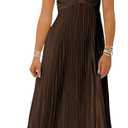 Women Bridesmaid Dress with Scarf Strapless Pleated Flowy Formal Evening Gown Maxi Dresses (Brown, L)