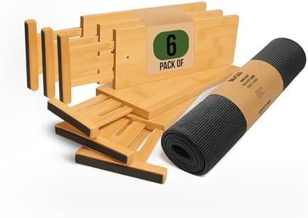 Adjustable Bamboo Drawer Dividers 6 Pack, Expandable Drawer Organizer for Kitchen, Bedroom, Bathroom and Dresser, Each Divider Expands from 12" to 17.5" Height 4.5 – Free Mat Included in Package.