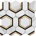 Soulscrafts 3-Sheet Peel and Stick Backsplash Tile 3'' Hexagon PVC White Marble Stone with Gold Metal Self-Adhesive Mosaic Decor Sticker for Kitchen Wall Tile Bathroom