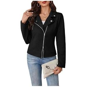 MakeMeChic Women's Short Soft Zip Up Jacket Long Sleeve Lapel Collar Coat Biker Moto Jacket Black Large