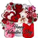 2 x Happy Valentine's Day Sign Happy Valentine's Day Door Sign Wooden Farmhouse Home Sign Welcome Sign with Bear Heat Rose for Porch Farmhouse Happy Valentine's Day Front Door Outdoor Home Decor (a)