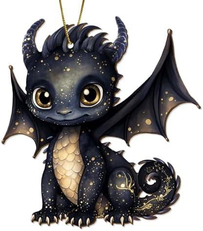 365RUSTIC Black Dragon Christmas Tree Keepsake Ornaments, Funny Dragons Themed 2 Side Printed Flat Wooden Ornament, Xmas Hanging Decor