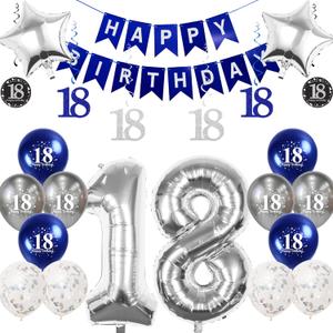 3 x Silver 18th Birthday Decorations for Boys Girls, Number 18 Balloon | 16-balloon kit: two 32in Number 18 foil balloons, banner, star, latex & confetti balloons, glitter swirls; air or helium