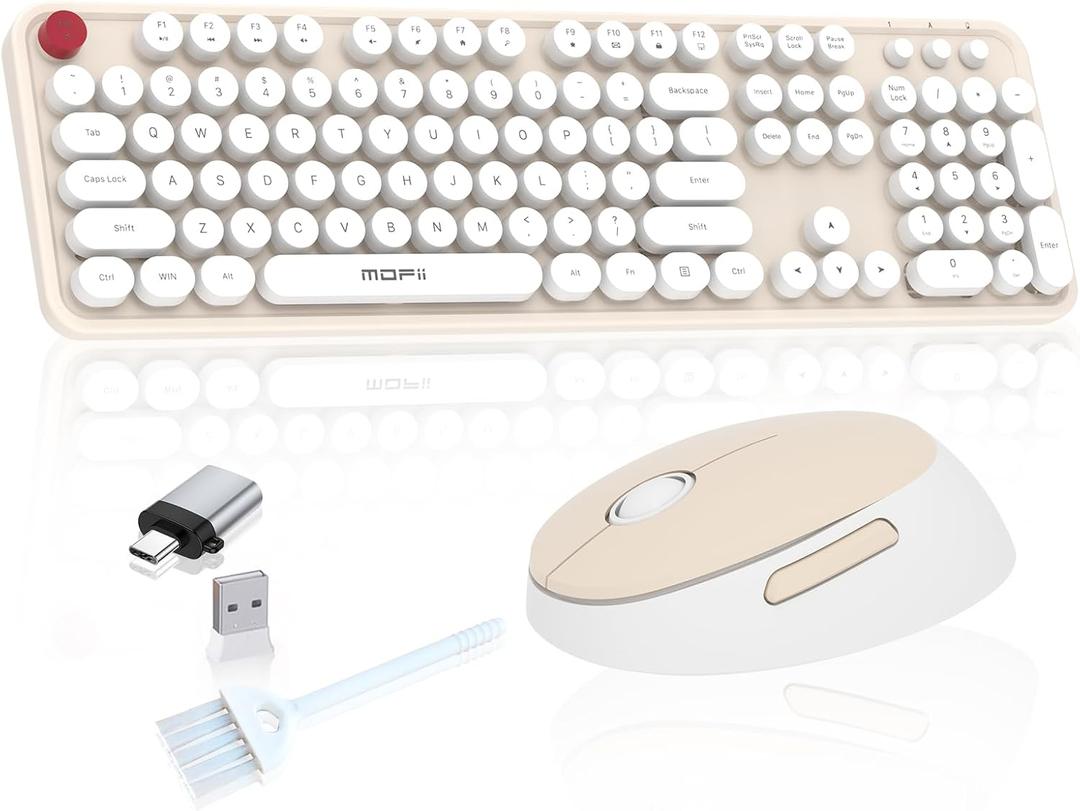 Cream Wireless Keyboard Mouse, COOFUN 104 Keys Full Size White Keyboard Ergonomic Cordless Keyboards Cute Colorful Retro Typewriter Key Board for Windows, PC, Laptop, Desktop (Creamy)