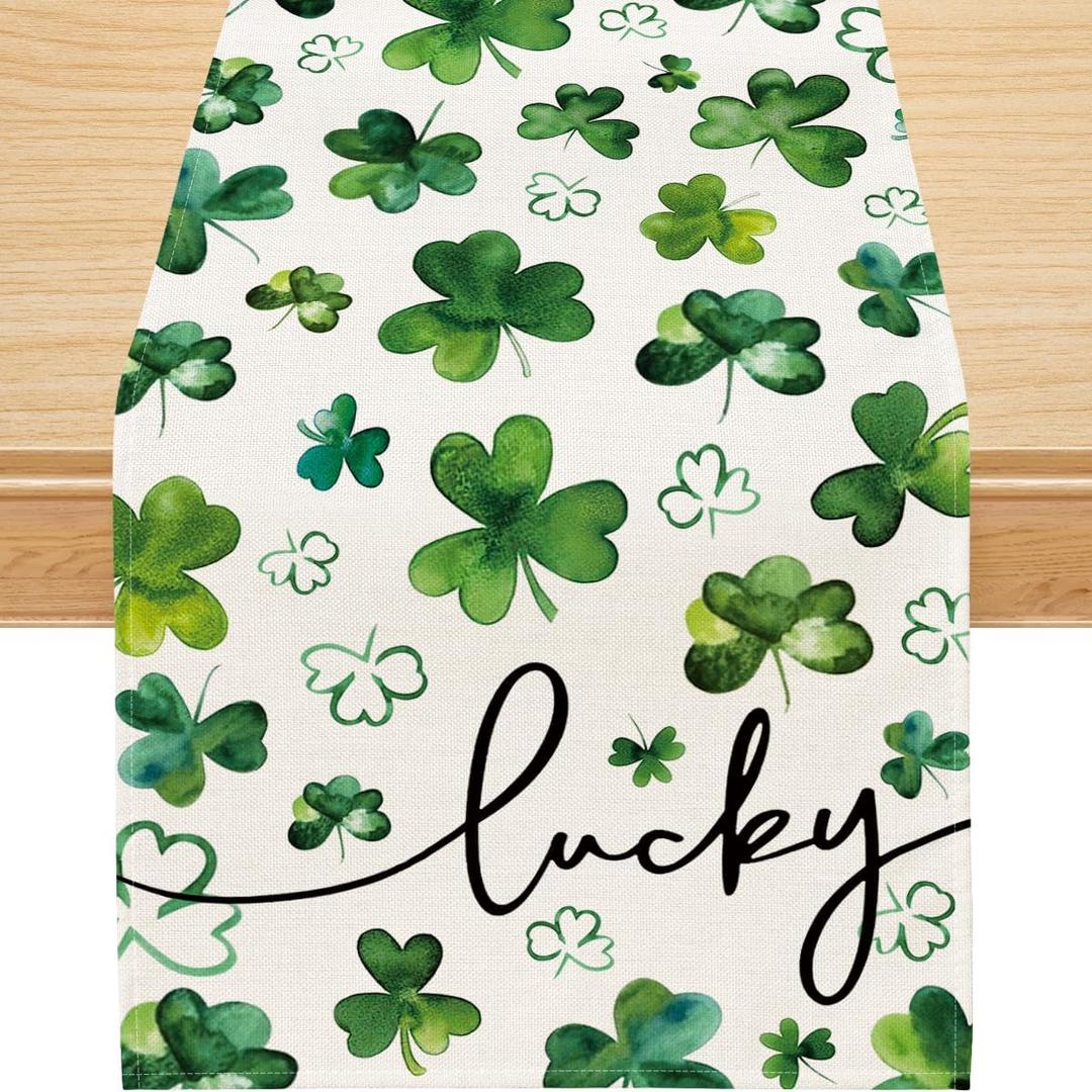 Siilues St Patricks Day Table Runner, Lucky St Patricks Day Decoraions Green Shamrock Seasonal Spring Holiday Table Decorations for Indoor Outdoor Dining Table Decor (13'' x 48'')