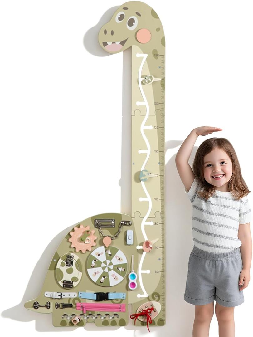 Wooden Dinosaur Growth Chart, Montessori Long-Neck Brachiosaurus Height Ruler with 7-in-1 Busy Board, Clock, Buckle Alphabet Slider Slide Door Lock Pop Fidget & Zipper, Educational Board for Kids 3-6