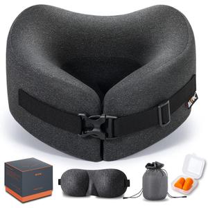 MLVOC Travel Pillow Memory Foam Neck Pillow, Adjustable Comfort Breathable Cover, Airplane Travel Set with 3D Sleep mask, Earplugs Box, for Airplane, Car, Office, Home (Full Black)