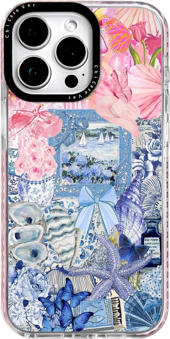 for iPhone 13 Pro Max Case, Coastal Vintage Collage Pattern, Military-Grade Drop Protection, Vintage Seaside Soft Slim TPU Cover with Camera Protection for Girls (PlumeriaSea)