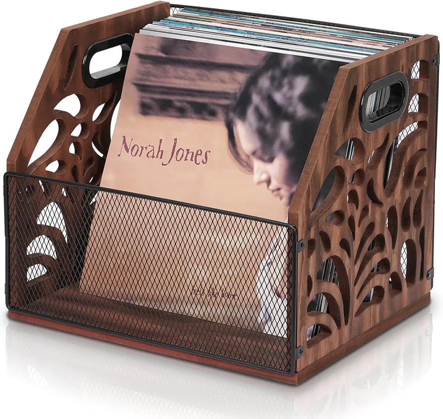 Vinyl Record Storage, Wooden Record Holder, Magazine Holder, Magazine Rack for Desktop and Home Office, Record Crate Storage for Albums, Book, Files, Holds up to 70+ Records