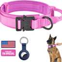 DAGANXI Tactical Dog Collar, Adjustable Military Training Nylon Dog Collar with Control Handle and Heavy Metal Buckle for Medium and Large Dogs, with Patches and Airtags Case (L, Pink)
