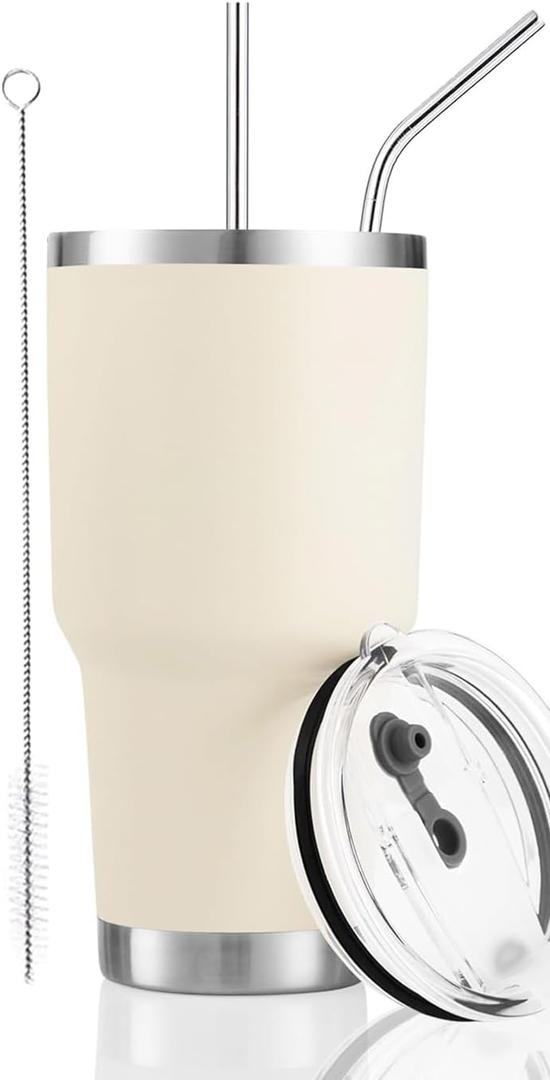 DS 30oz Cream Tumbler Stainless Steel Insulated Travel Mug with Straw Lid Cleaning Brush (30oz Cream)