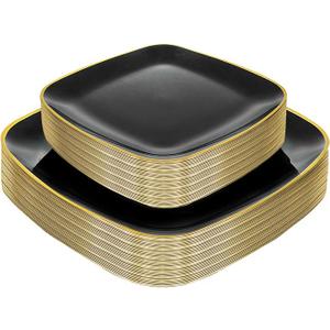 bUCLA 50PCS Black and Gold Plastic Plates - Square Black Gold Plastic Disposable - Include 3 Dinner & 25 Dessert Plates, Ideal for Party & New Year