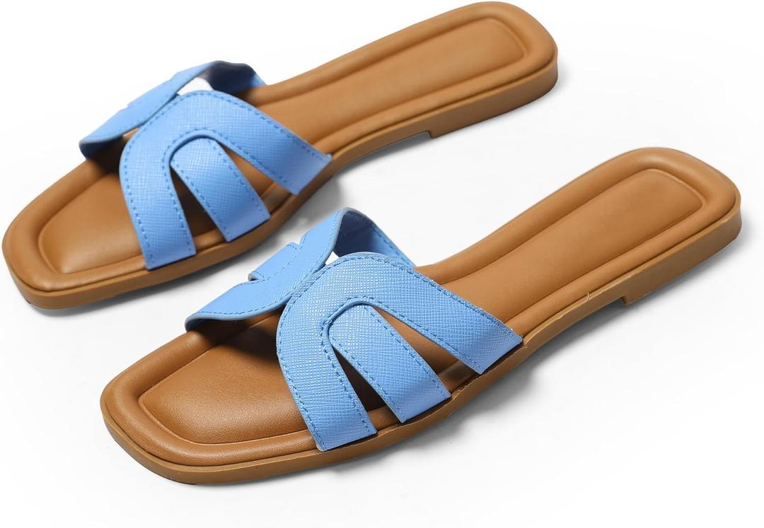 Womens Flat Sandals Dressy Sandals Comfort Slide Black Brown White Sandals Size (9)