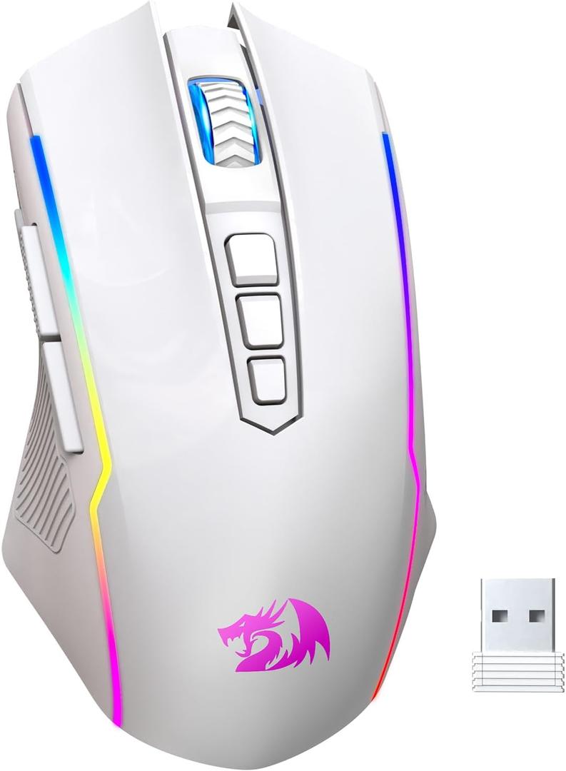 Redragon Wireless Gaming Mouse, Tri-Mode 2.4G/USB-C/Bluetooth Mouse Gaming, 12000 DPI, RGB Backlit, Fully Programmable, Rechargeable Wireless Computer Mouse for Laptop PC Mac, White