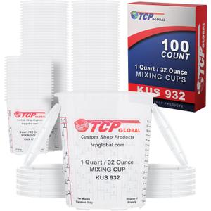 Custom Shop Paint Mixing Cups, 32-Ounce (Box of 100) - Plastic Measuring Cups for Liquids, Automotive Painting, Epoxy Resin, Acrylic Arts, Crafts, Disposable or Reusable, Graduated, Mixing Ratios