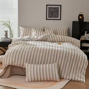 4Pcs Washed Microfiber Vertical Striped Colorful Bedding Set, Sweet Style Soft Duvet Cover with Zipper Flat Sheet Pillowcases, Color 4,Full 180X220cm 4Pcs