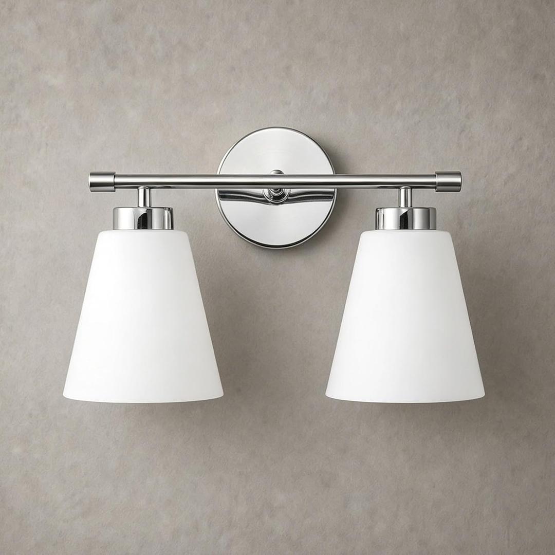 Hamilyeah Modern Chrome Bathroom Vanity Light Fixture Over Mirror, 2 Light Vanity Lighting Fixture with Frosted Glass Shade, Silver Wall Sconce Lighting for Bath, Bedroom, Kitchen, Hallway