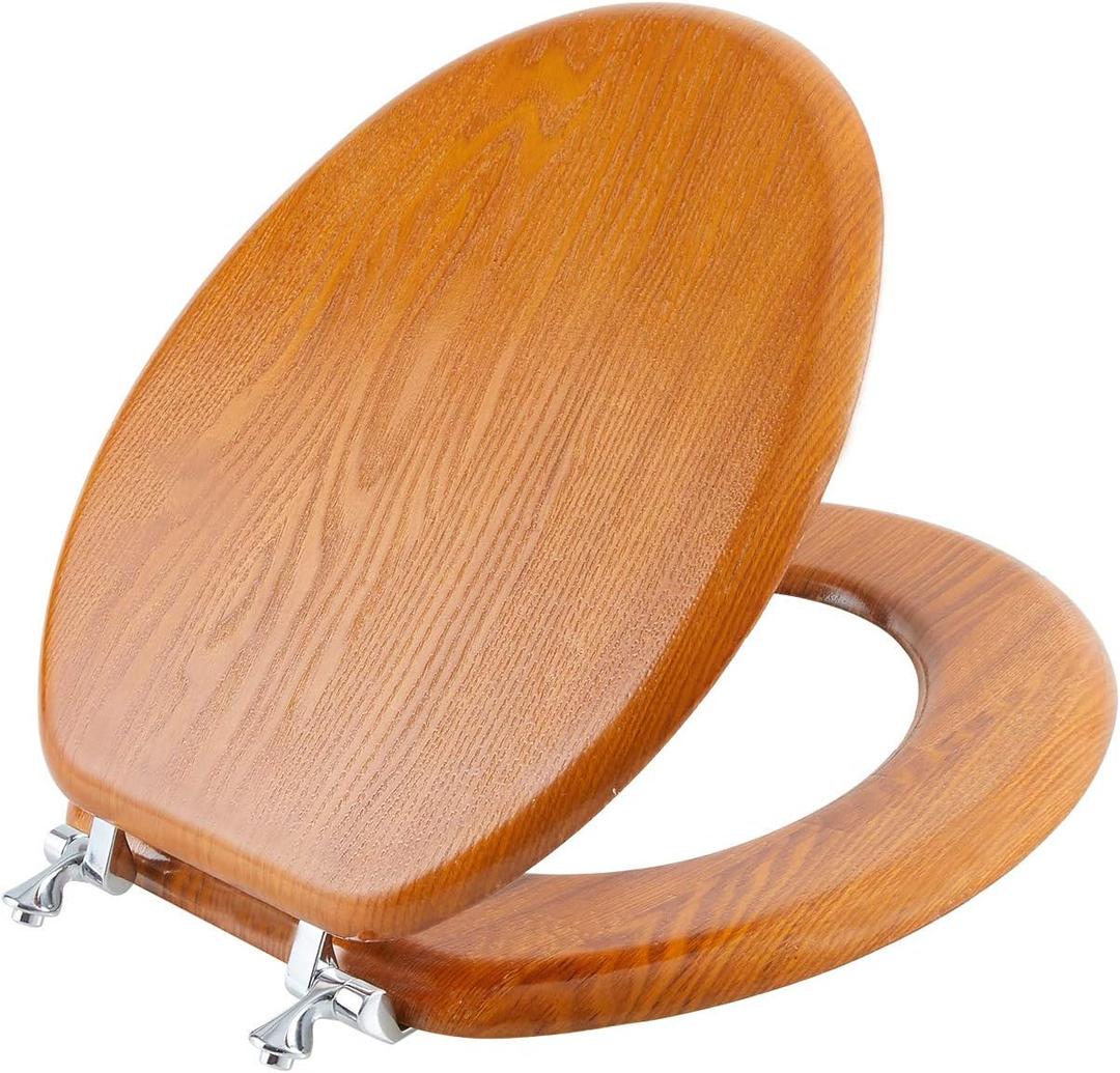 Angel Shield Durable Wood Veneer Natural Toilet Seat Metal Hinged Easy Clean Anti-scratch American Standard(Round,Wood Color)
