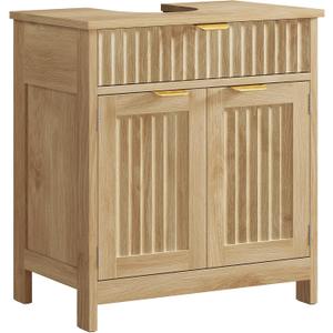 TEENFON Pedestal Sink Storage Cabinet with 2 Doors and Drawer, Bathroom Sink Cabinet with U-Shape Cut-Out, Fluted Pedestal Sink Cabinet, Natural Oak, 23.6"W*11.8"D*25.6"H