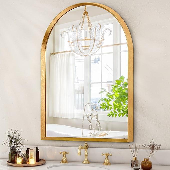 Arched Bathroom Mirror, Wall Mounted Mirror Gold Arch Mirror Aluminum Alloy Frame Bathroom Mirror Living Room, Bedroom, Bathroom and Entryway Large 36"x24"