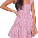AIMCOO Women's Ruffle Sleeve Summer Sundress Cute Tiered Mini Babydoll Dress A-Line Flowy Short Swing Dresses with Pockets (Pink)