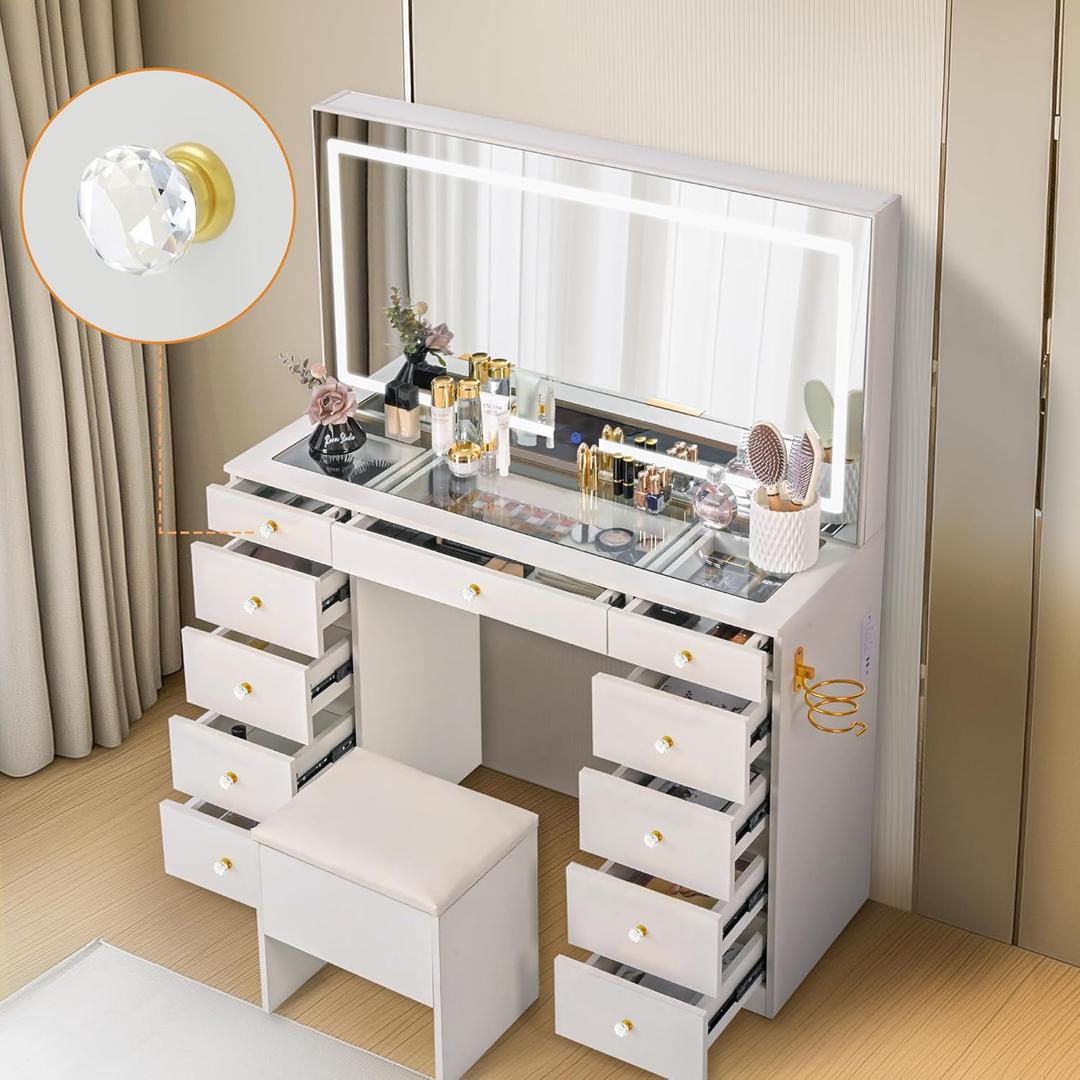 Pamapic Glass Top Vanity Desk with Crystal Handles, 11 Drawers Makeup Vanity with Mirror and Stool, 3 Lighting Modes Dressing Table, Power Outlet, Silent Slides, White (46"*15.7"*56.1")