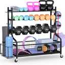 PLKOW Dumbbell Rack, Weight Rack for Dumbbells, Home Gym Storage for Dumbbells Kettlebells Yoga Mat and Balls, All in One Workout Storage with Wheels and Hooks, Powder Coated Finish Steel