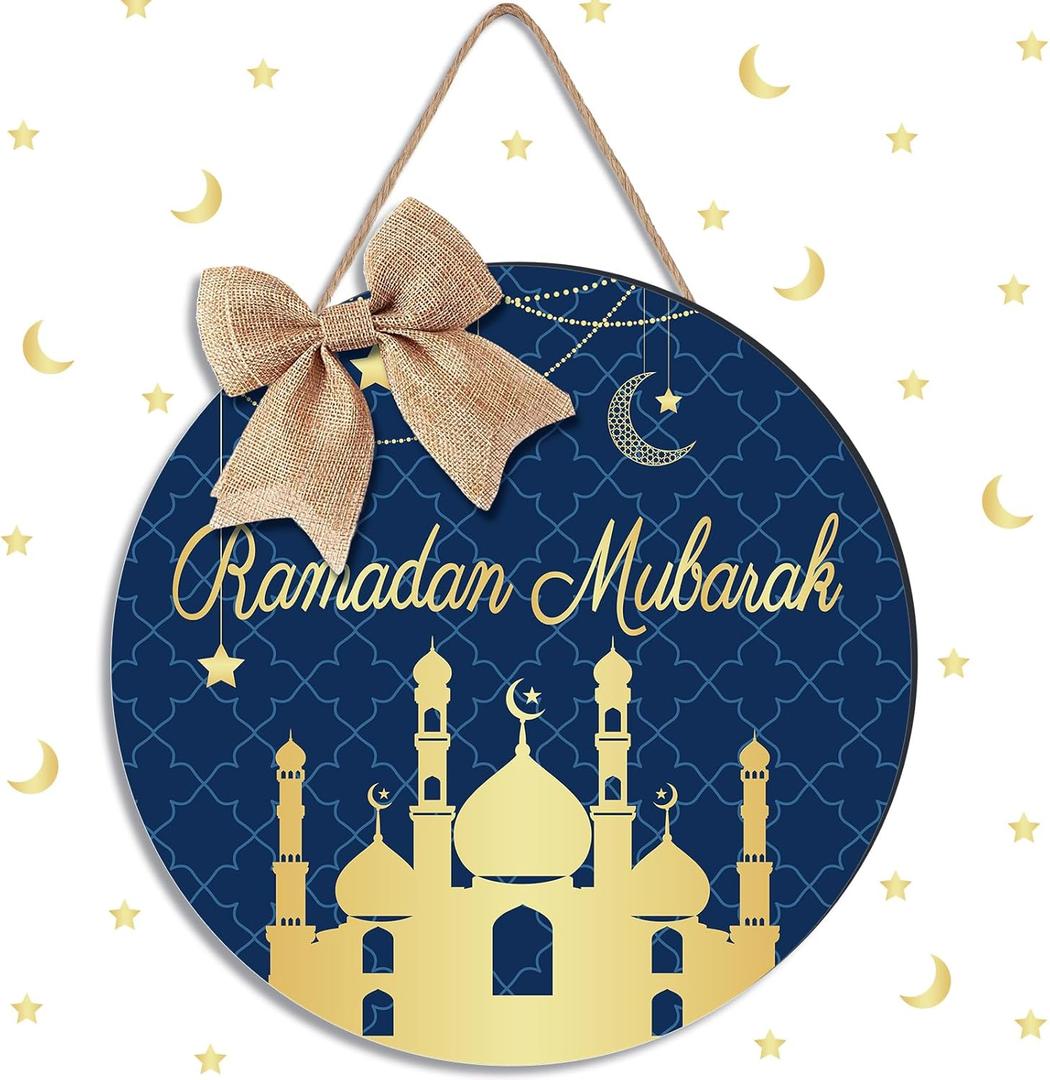 Shellwei Ramadan Door Sign for Front Door Ramadan Kareem Hanger Wreaths Eid Mubarak Wooden Hanging Decor Eid Mubarak Moon Welcome Sign for Front Porch Wall Pediments Decorations (Black,Castle)