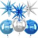 6Pcs Blue Silver Foil Balloons,22Inch Light Blue Silver 4D Round Ball Balloon and Explosion Star Balloon for Birthday Wedding Baby Shower Prom Party Anniversary Decorations