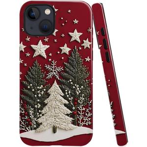 Case for iPhone 13 - Slim Fit Anti-Scratch Phone Case for Girl Women - Winter Christmas Snowy Tree Star Red (Glossy)