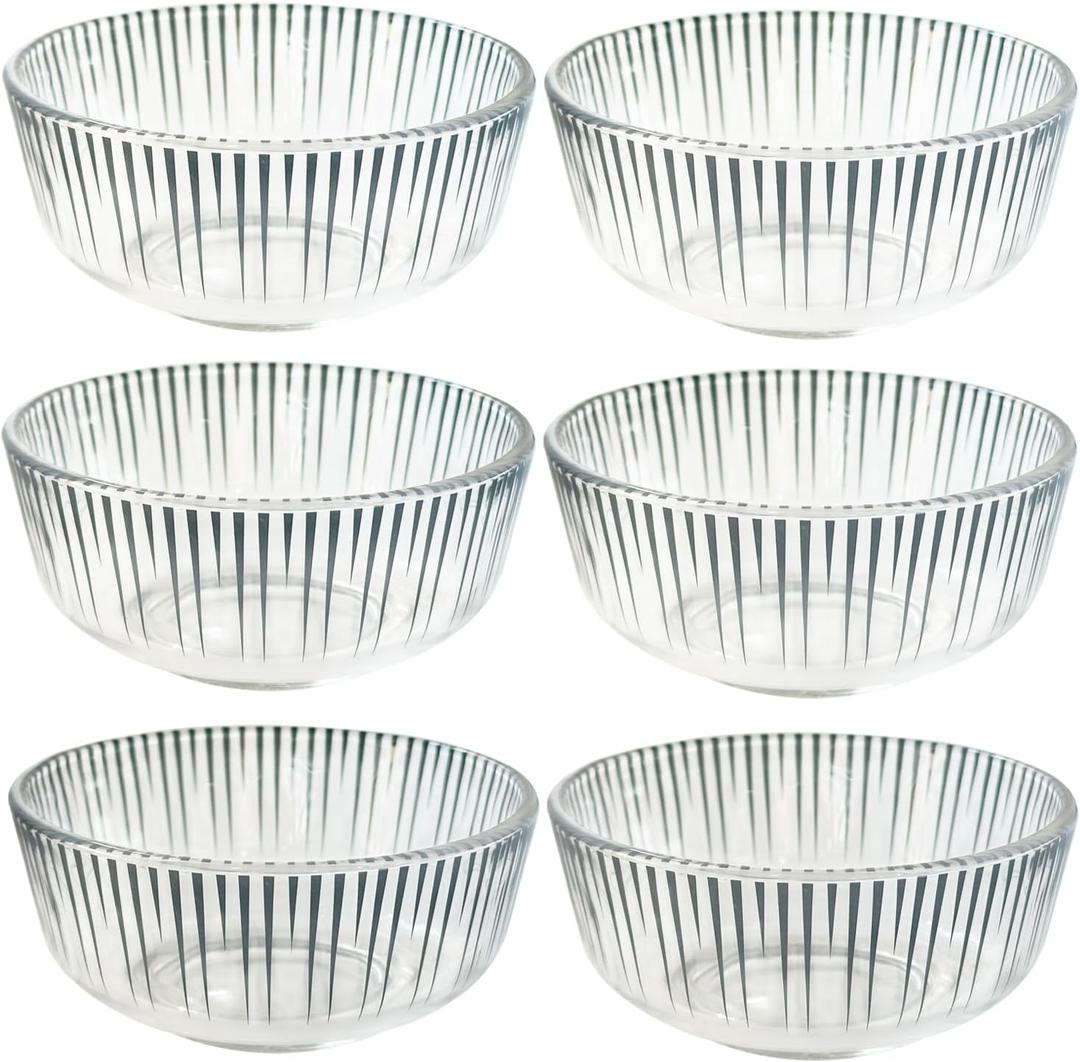 12 oz Glass Serving Bowls Set for Entertaining, Rice Bowls, Soup Bowls, Dipping Bowls, 6 Pack Tempered Glass Stiped Small Bowls