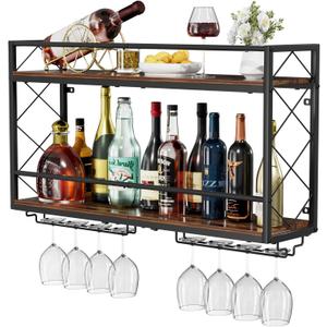 Wine Rack Wall Mounted 2 Tier Wall Wine Rack with Glass Holder, Double Layer Anti-Drop Crossbar, 31.5" Metal Wood Wall Mount Wine Holder for Home Kitchen Dining Room Coffee Shop Bar, Black