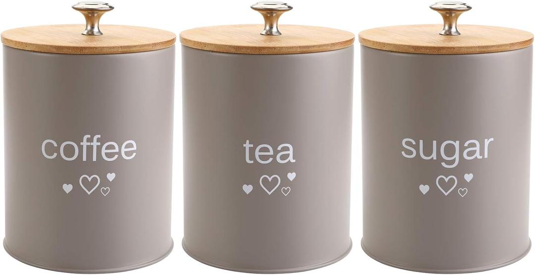Fasmov Set of 3 Kitchen Canister Set, Coffee, Sugar, and Tea Storage Container Jars with Bamboo Lids for storing Sugar, Coffee and Tea, Gray