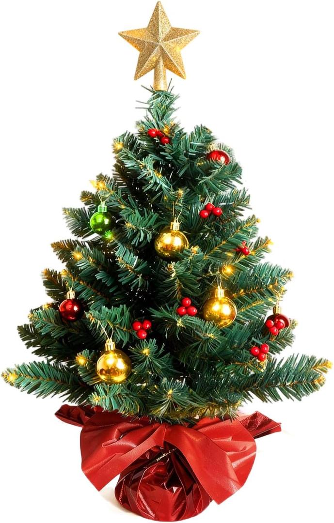 24 Inch Tabletop Christmas Tree, Artificial Mini Xmas Pine Tree with LED String Lights and Ornaments,Christmas Decoration Tree Decor-Red
