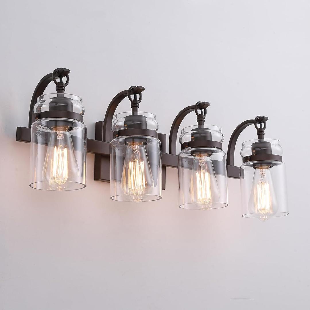 4 Light Bathroom Vanity Light, Oil Rubbed Bronze Bathroom Light Fixtures Over Mirror, Farmhouse Vanity Light with Clear Glass Shade