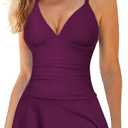 Mycoco Women's One Piece Swim Dress V Neck Skirted Bathing Suit Ruched Front Swimdress, Wine Red US 18