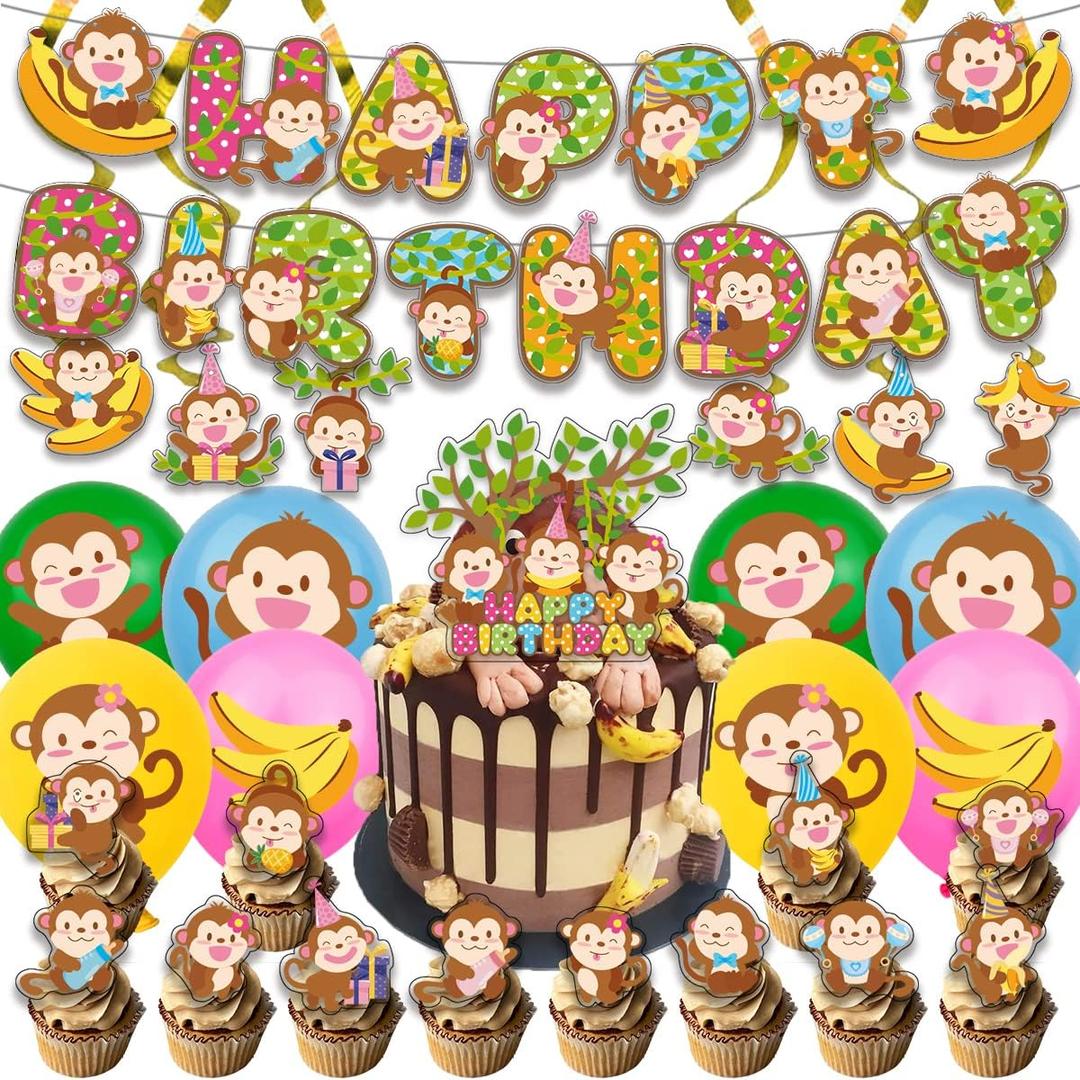 Monkey Birthday Party Decorations Monkey Birthday Banner Hangings Cake Topper Cupcake Toppers Ballons Monkey Themem Party