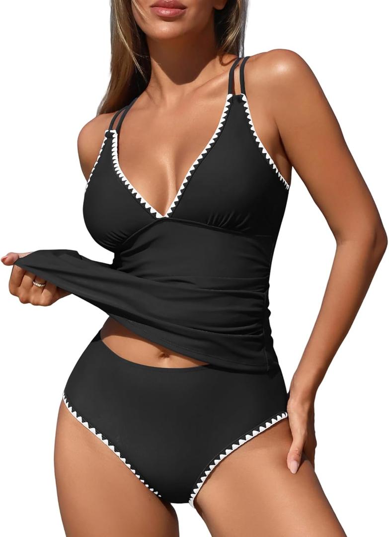 ZAFUL Womens Tankini Swimsuits V Neck Push Up Swim Top Color Block Tummy Control High Waisted Bathing Suits Swim Bottom (Medium)