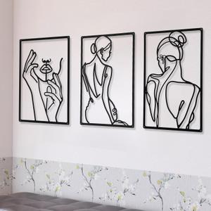 CHENGU 3 Pieces Metal Minimalist Abstract Woman Wall Art Line Drawing Wall Art Decor Single Line Female Home Hanging Wall Art Decor for Kitchen Bathroom Living Room (Black,Back and Hand)